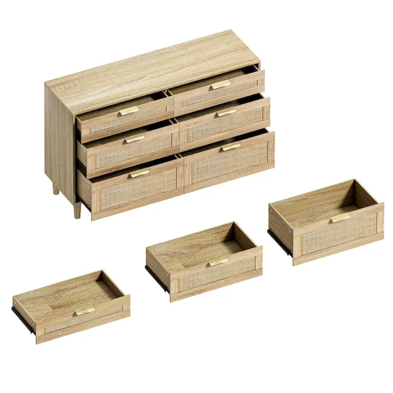Commode 6 tiroirs en rotin naturel avec poignées en métal, pieds en bois, noir naturel