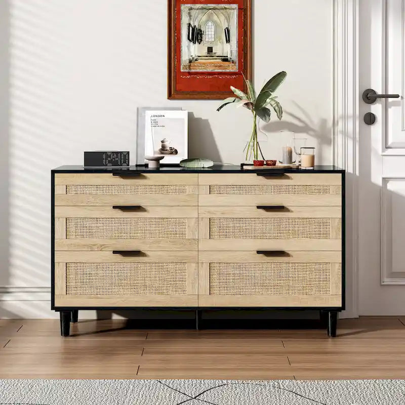 Commode 6 tiroirs en rotin naturel avec poignées en métal, pieds en bois, noir naturel