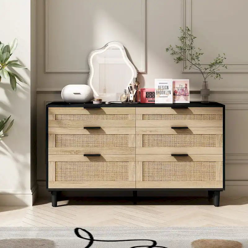 Commode 6 tiroirs en rotin naturel avec poignées en métal, pieds en bois, noir naturel