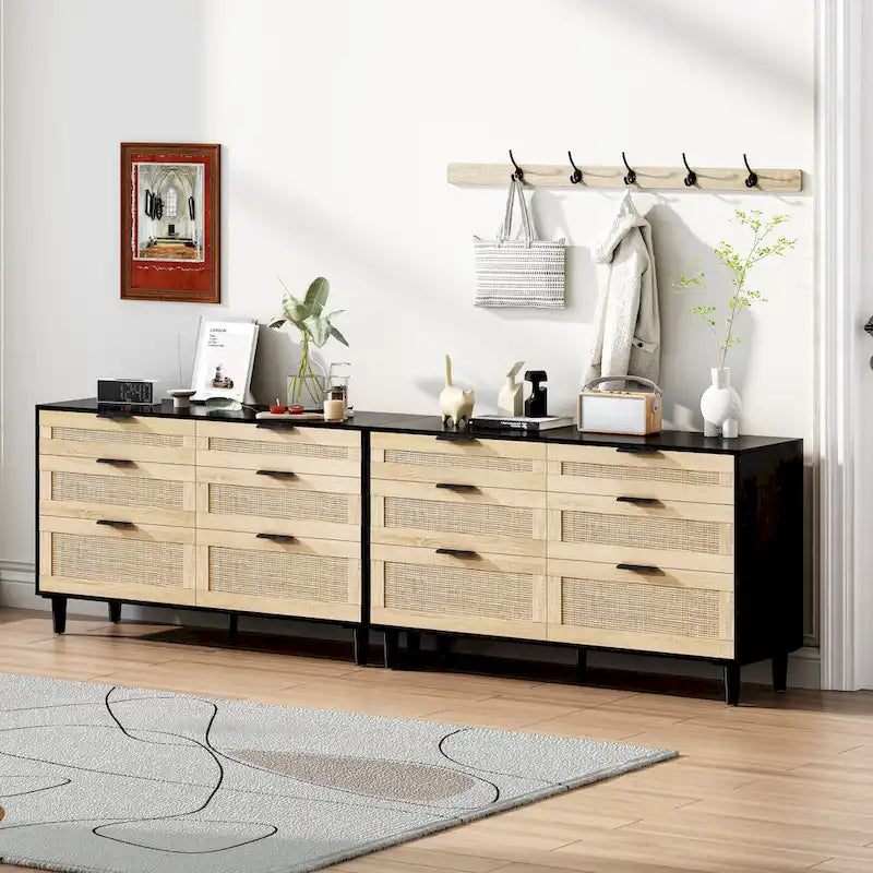 Commode 6 tiroirs en rotin naturel avec poignées en métal, pieds en bois, noir naturel