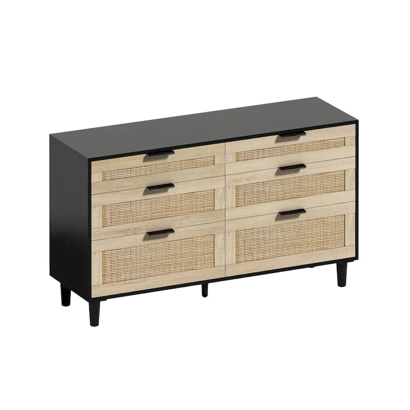 Commode 6 tiroirs en rotin naturel avec poignées en métal, pieds en bois, noir naturel