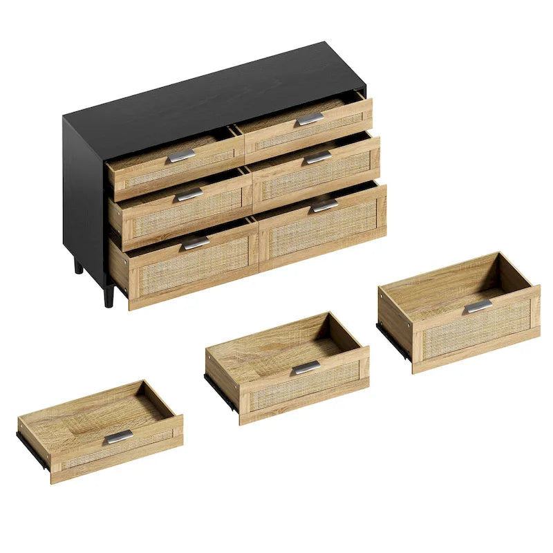 Commode 6 tiroirs en rotin naturel avec poignées en métal, pieds en bois, noir naturel