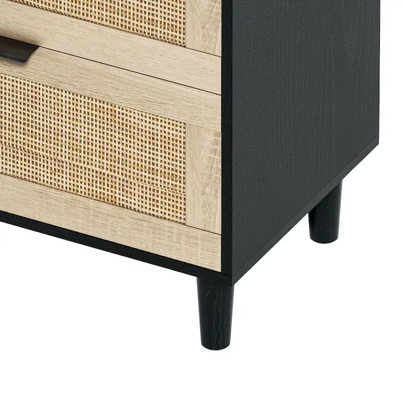 Commode 6 tiroirs en rotin naturel avec poignées en métal, pieds en bois, noir naturel
