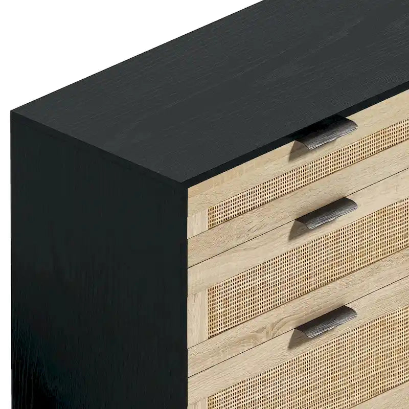 Commode 6 tiroirs en rotin naturel avec poignées en métal, pieds en bois, noir naturel