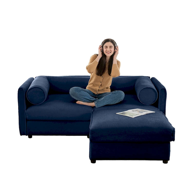 Causeuse en chenille avec pouf de rangement bleu-vert et blanc
