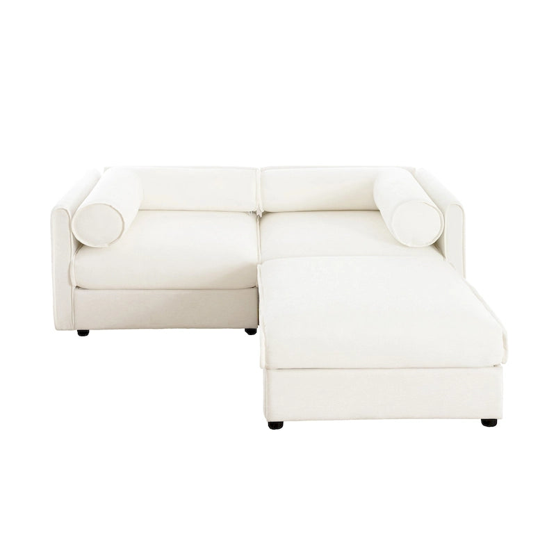 Causeuse en chenille avec pouf de rangement bleu-vert et blanc