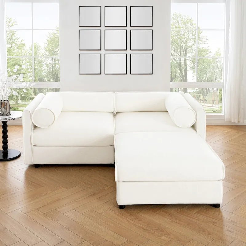 Causeuse en chenille avec pouf de rangement bleu-vert et blanc