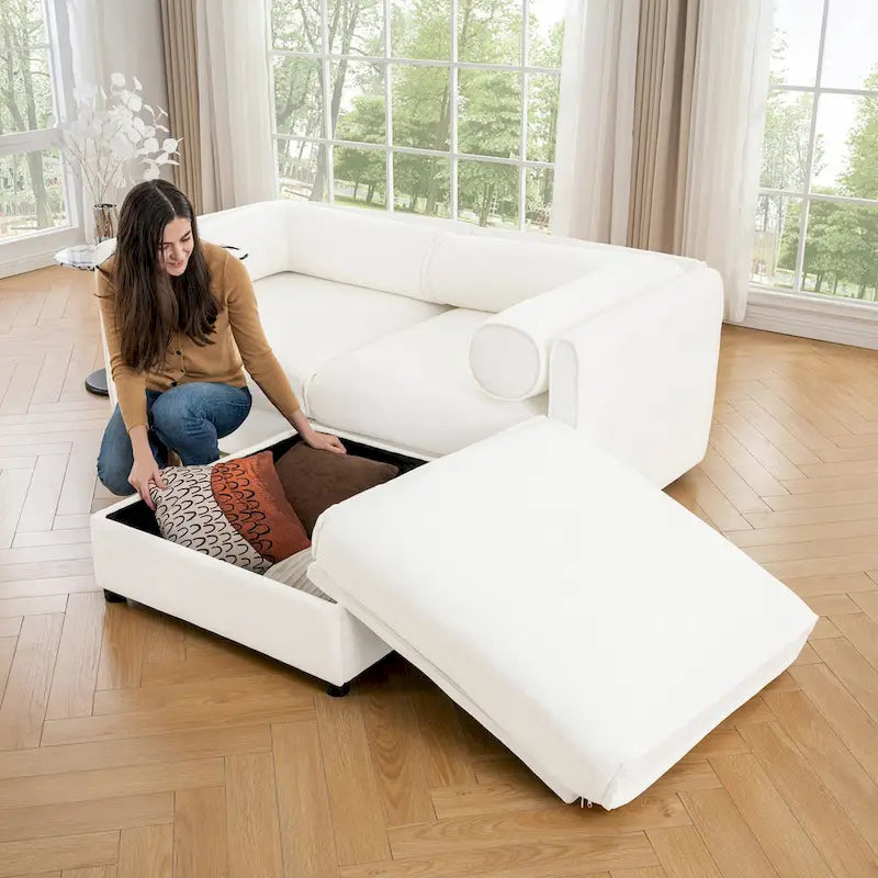 Causeuse en chenille avec pouf de rangement bleu-vert et blanc