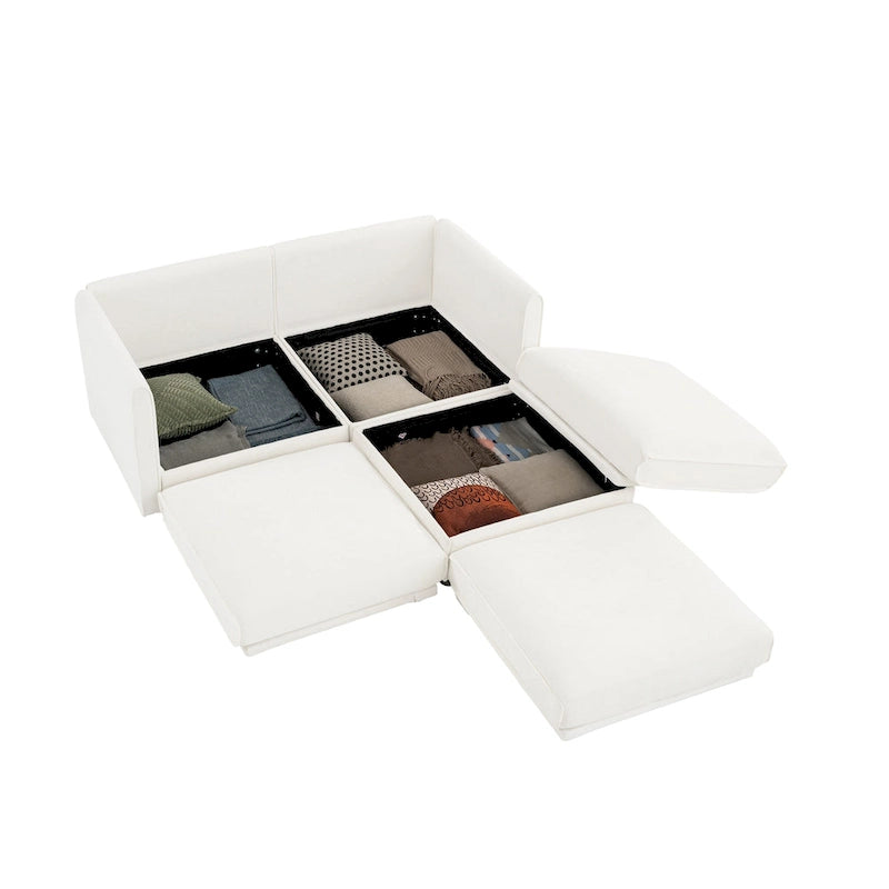 Causeuse en chenille avec pouf de rangement bleu-vert et blanc