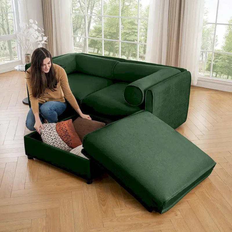 Causeuse en chenille avec pouf de rangement bleu-vert et blanc