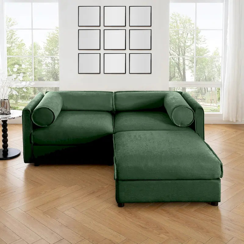 Causeuse en chenille avec pouf de rangement bleu-vert et blanc