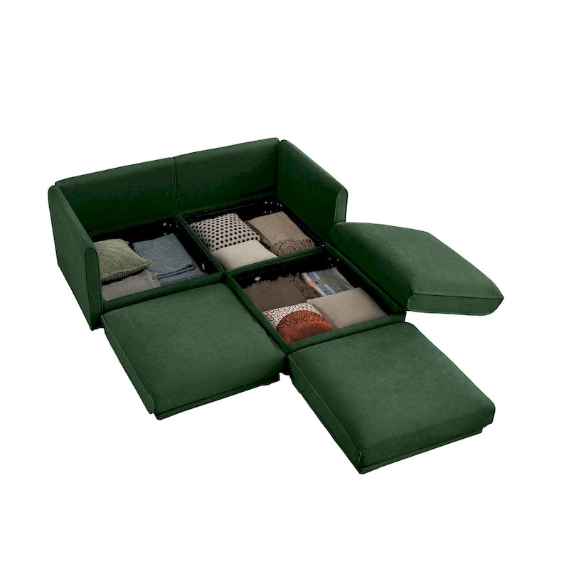 Causeuse en chenille avec pouf de rangement bleu-vert et blanc