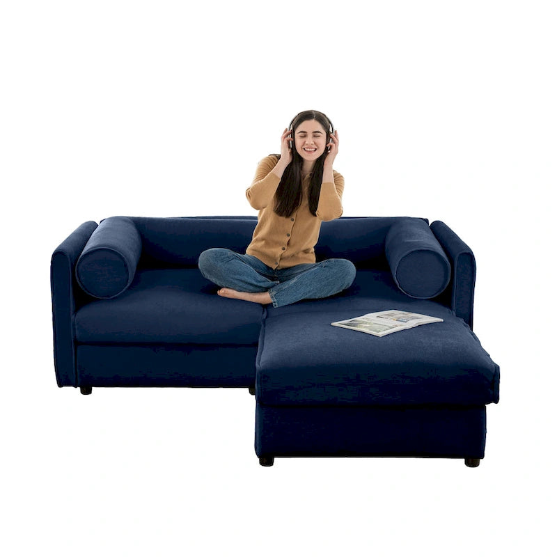 Causeuse en chenille avec pouf de rangement bleu-vert et blanc