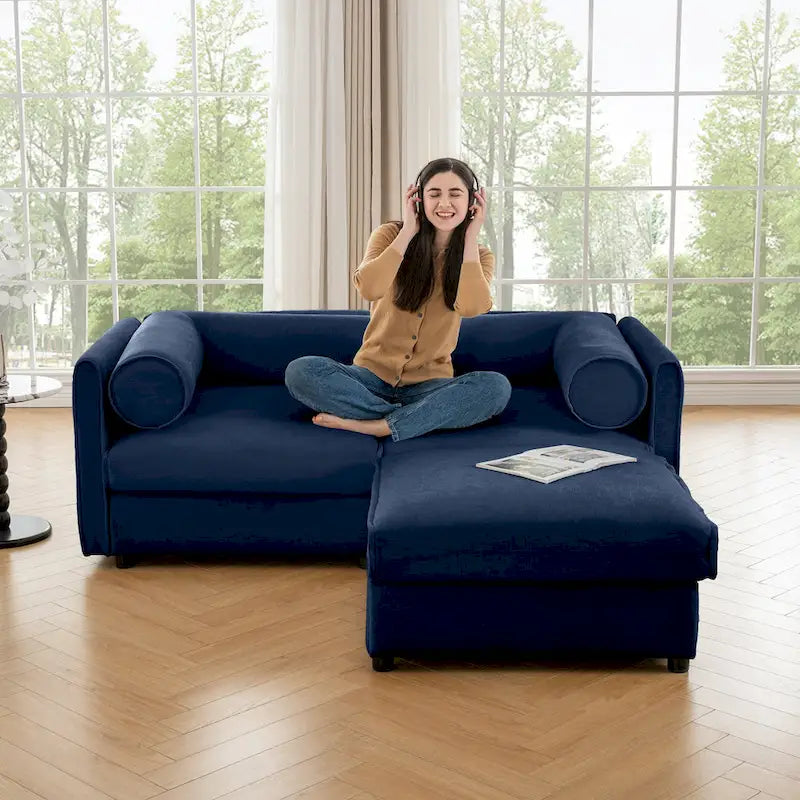 Causeuse en chenille avec pouf de rangement bleu-vert et blanc