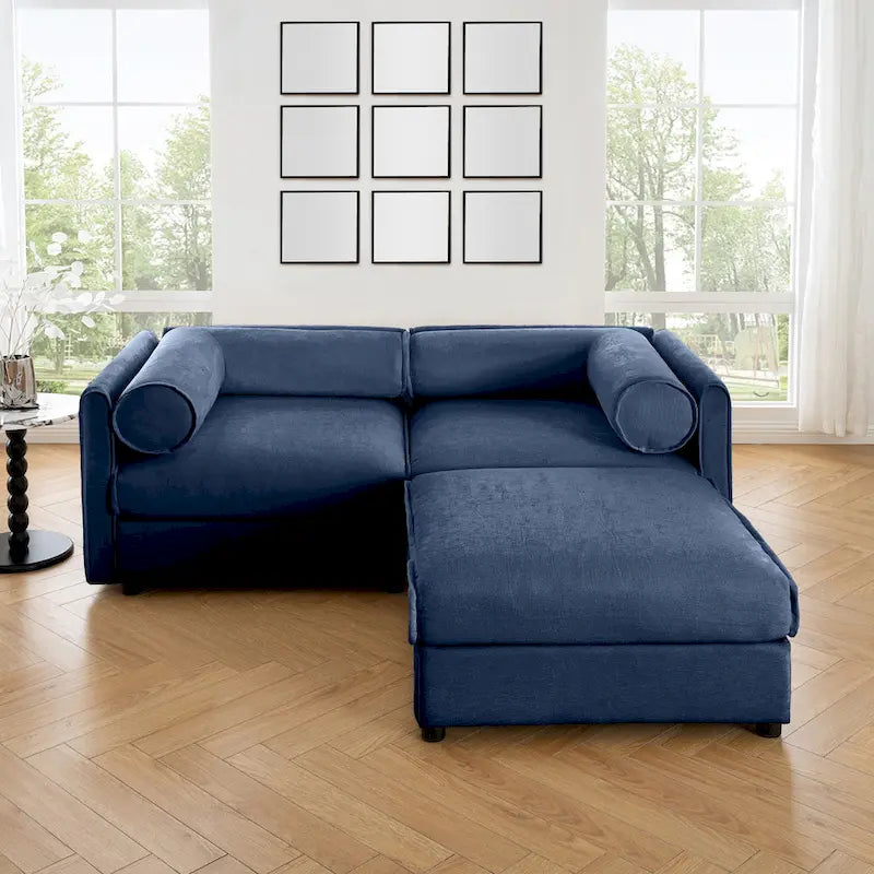 Causeuse en chenille avec pouf de rangement bleu-vert et blanc