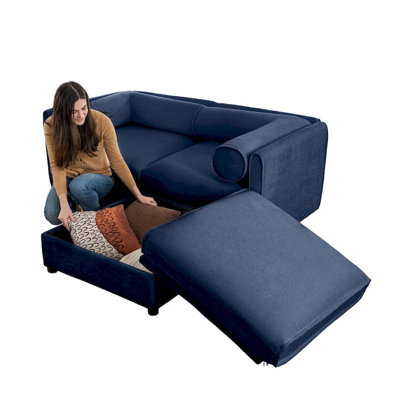 Causeuse en chenille avec pouf de rangement bleu-vert et blanc