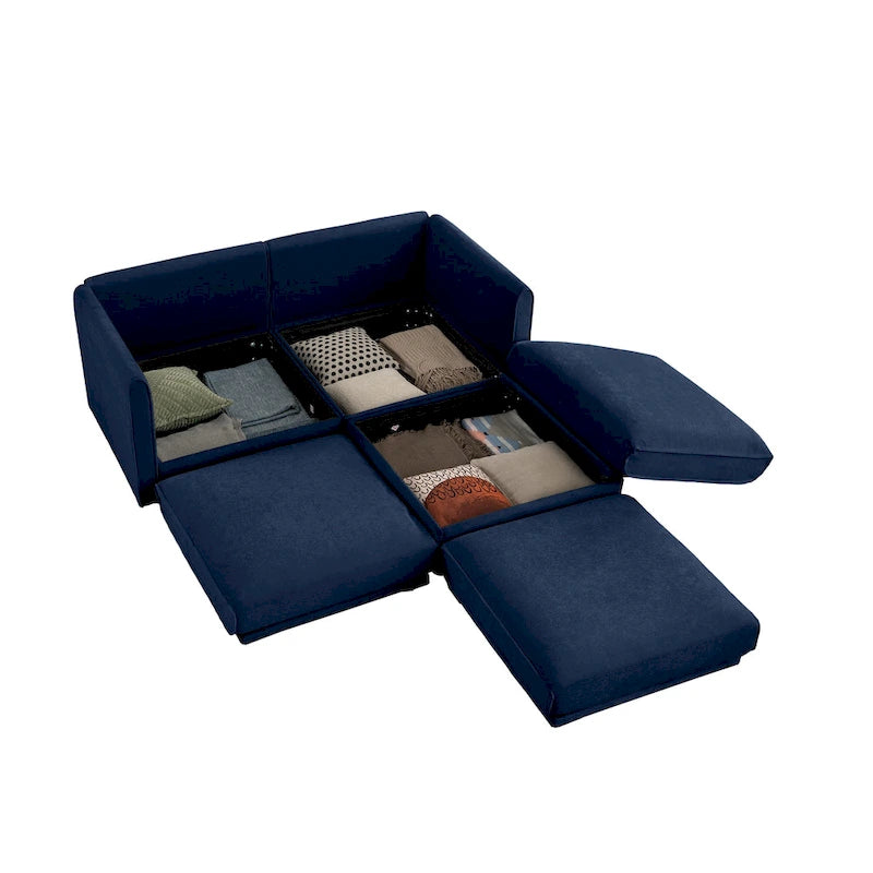 Causeuse en chenille avec pouf de rangement bleu-vert et blanc