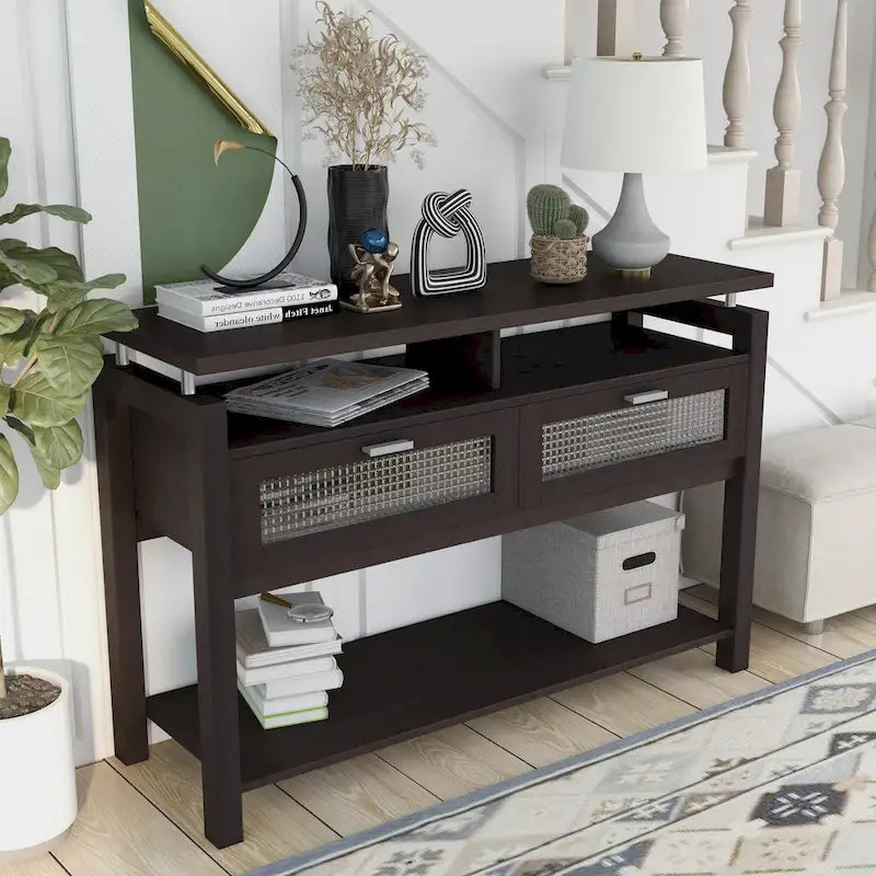 Console-Table de Canapé Moderne Espresso avec Placards Rabattables et Étagères Ouvertes