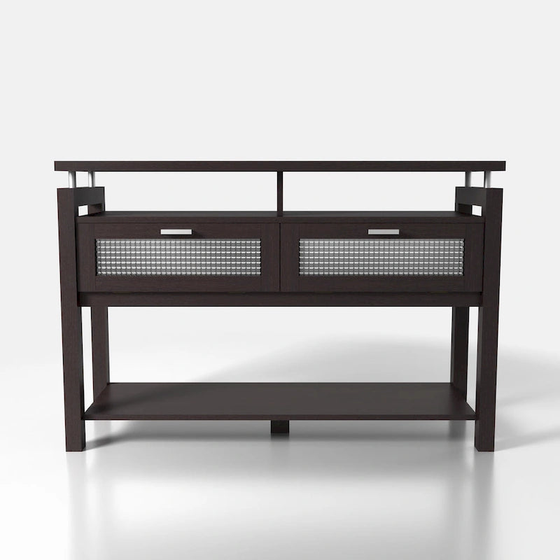 Console-Table de Canapé Moderne Espresso avec Placards Rabattables et Étagères Ouvertes