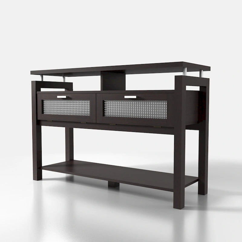 Console-Table de Canapé Moderne Espresso avec Placards Rabattables et Étagères Ouvertes