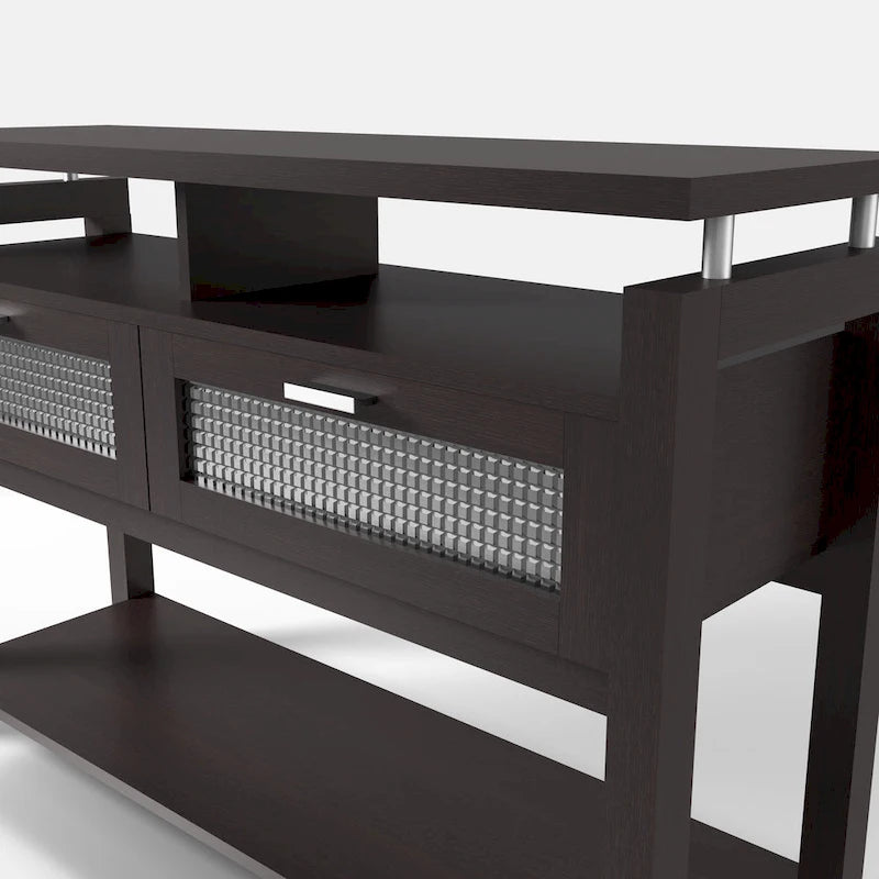 Console-Table de Canapé Moderne Espresso avec Placards Rabattables et Étagères Ouvertes