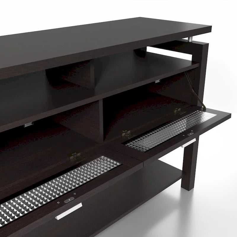 Console-Table de Canapé Moderne Espresso avec Placards Rabattables et Étagères Ouvertes