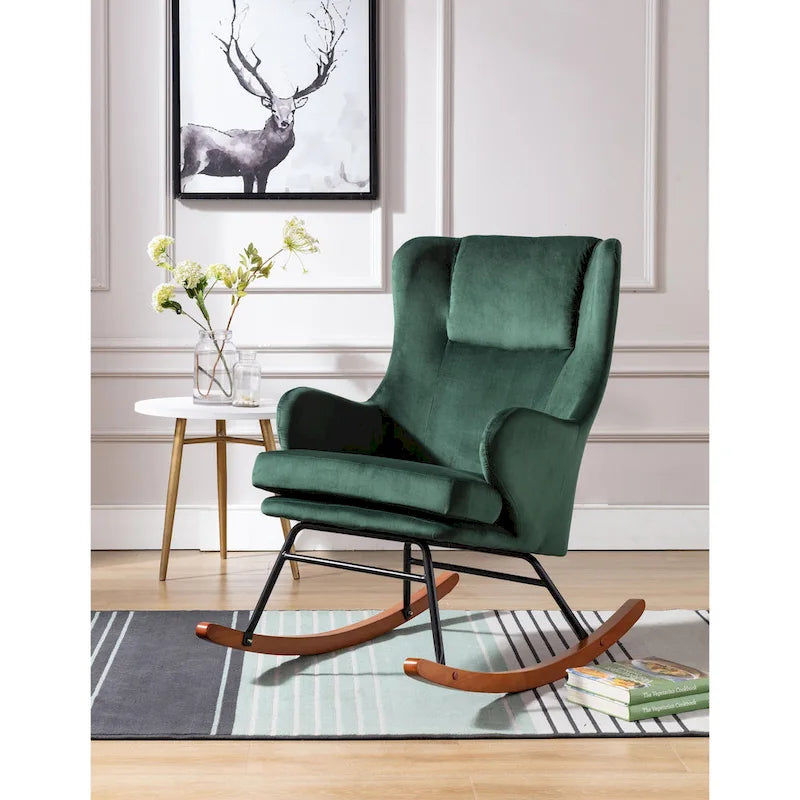 Fauteuil à bascule d'appoint Mid-Century Modern en velours avec pieds en bois et acier