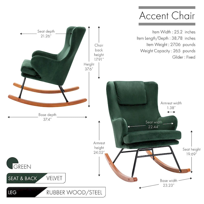 Fauteuil à bascule d'appoint Mid-Century Modern en velours avec pieds en bois et acier