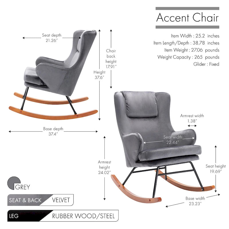 Fauteuil à bascule d'appoint Mid-Century Modern en velours avec pieds en bois et acier