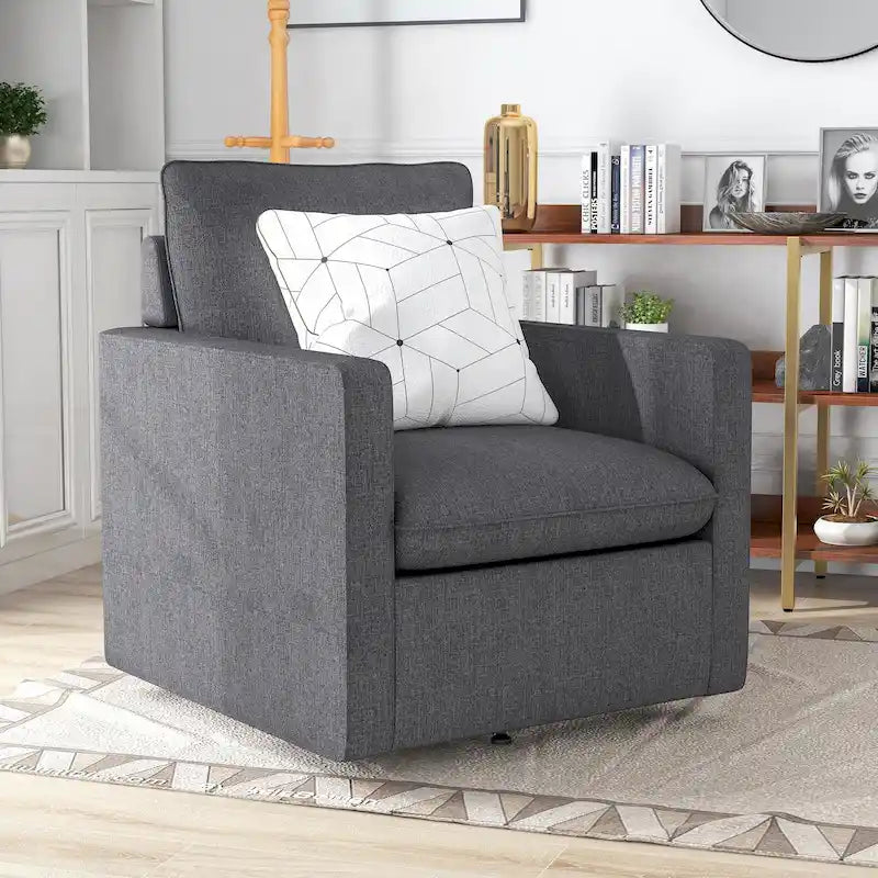 Fauteuil pivotant en lin de style transitoire avec accoudoirs carrés et coussin amovible