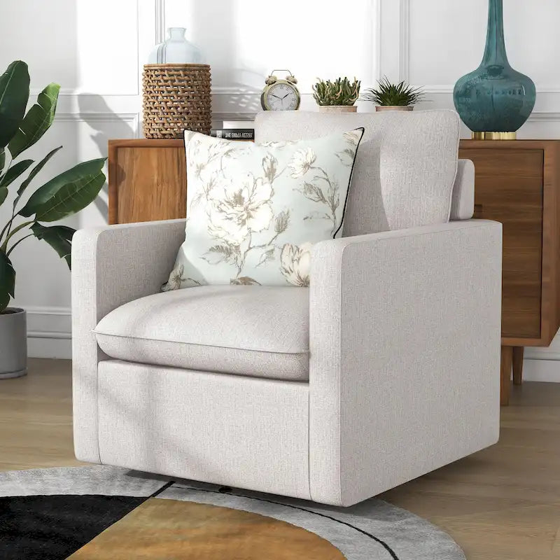 Fauteuil pivotant en lin de style transitoire avec accoudoirs carrés et coussin amovible