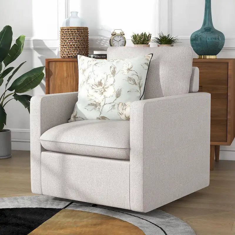 Fauteuil pivotant en lin de style transitoire avec accoudoirs carrés et coussin amovible