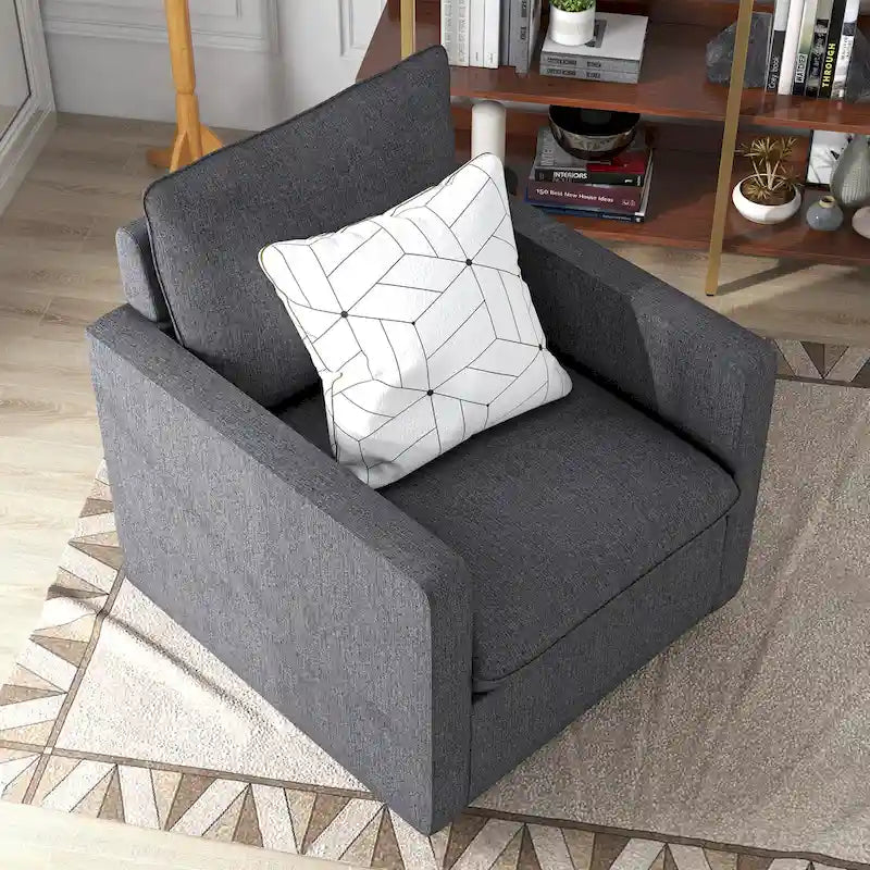 Fauteuil pivotant en lin de style transitoire avec accoudoirs carrés et coussin amovible