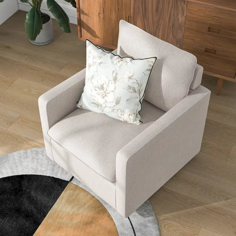 Fauteuil pivotant en lin de style transitoire avec accoudoirs carrés et coussin amovible