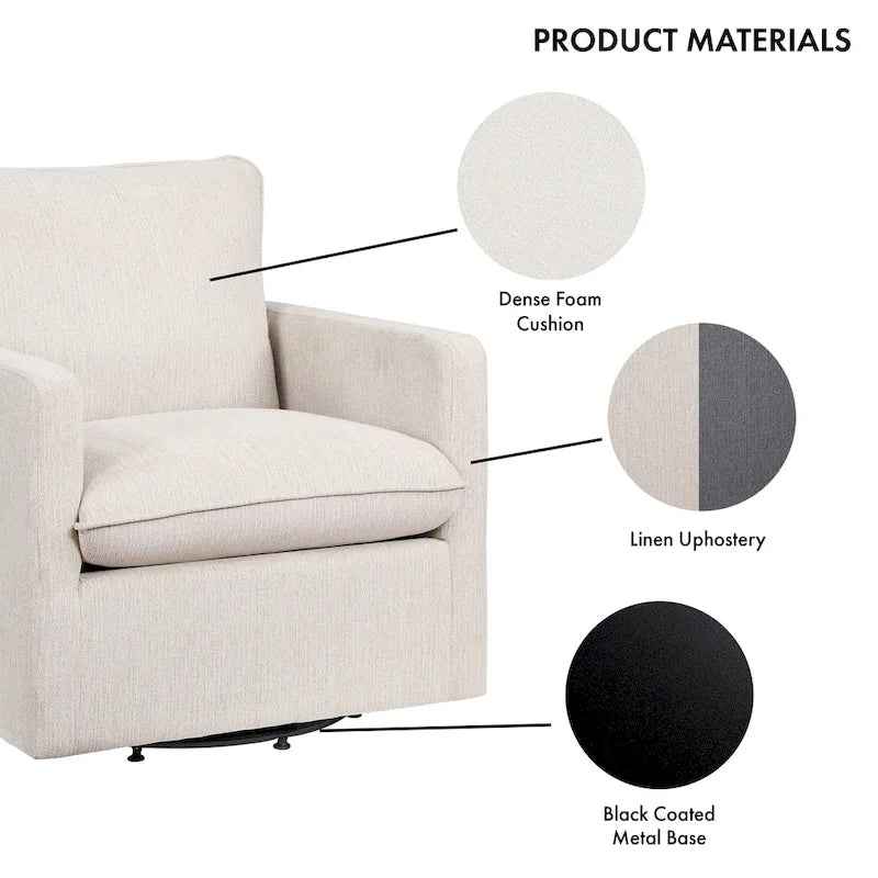 Fauteuil pivotant en lin de style transitoire avec accoudoirs carrés et coussin amovible