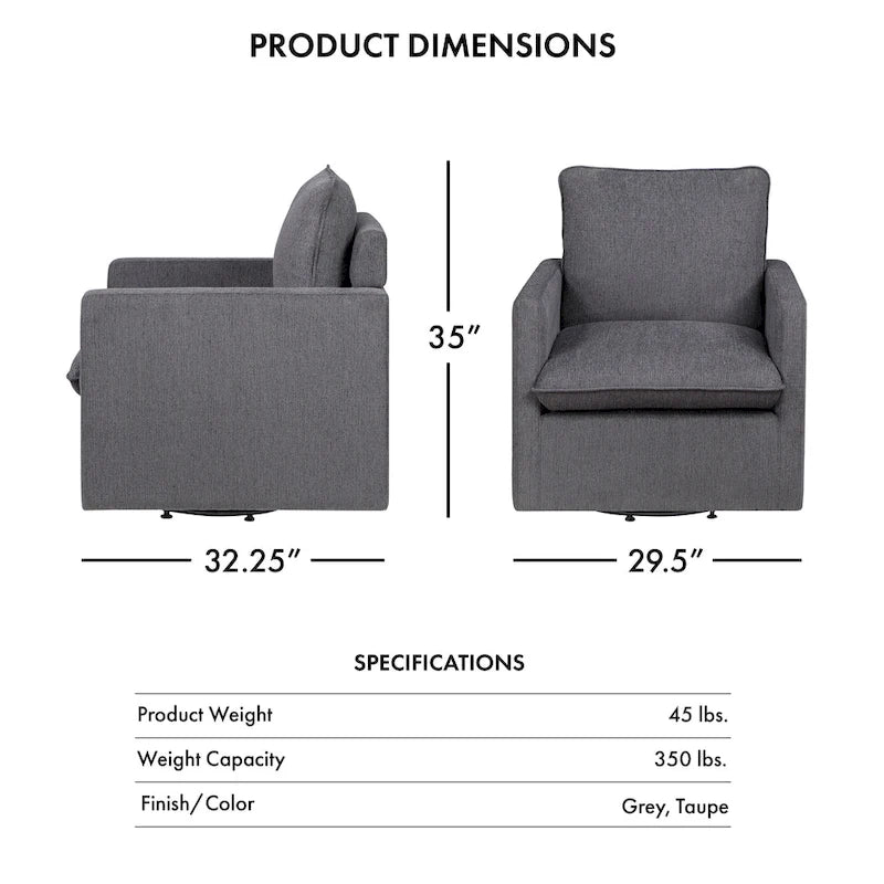 Fauteuil pivotant en lin de style transitoire avec accoudoirs carrés et coussin amovible