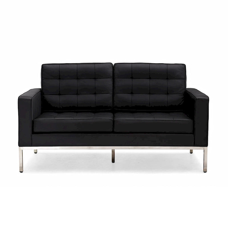 Canapé trois places en cuir touffeté avec pieds en acier inoxydable Marron Noir Blanc