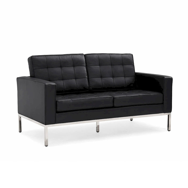 Canapé trois places en cuir touffeté avec pieds en acier inoxydable Marron Noir Blanc