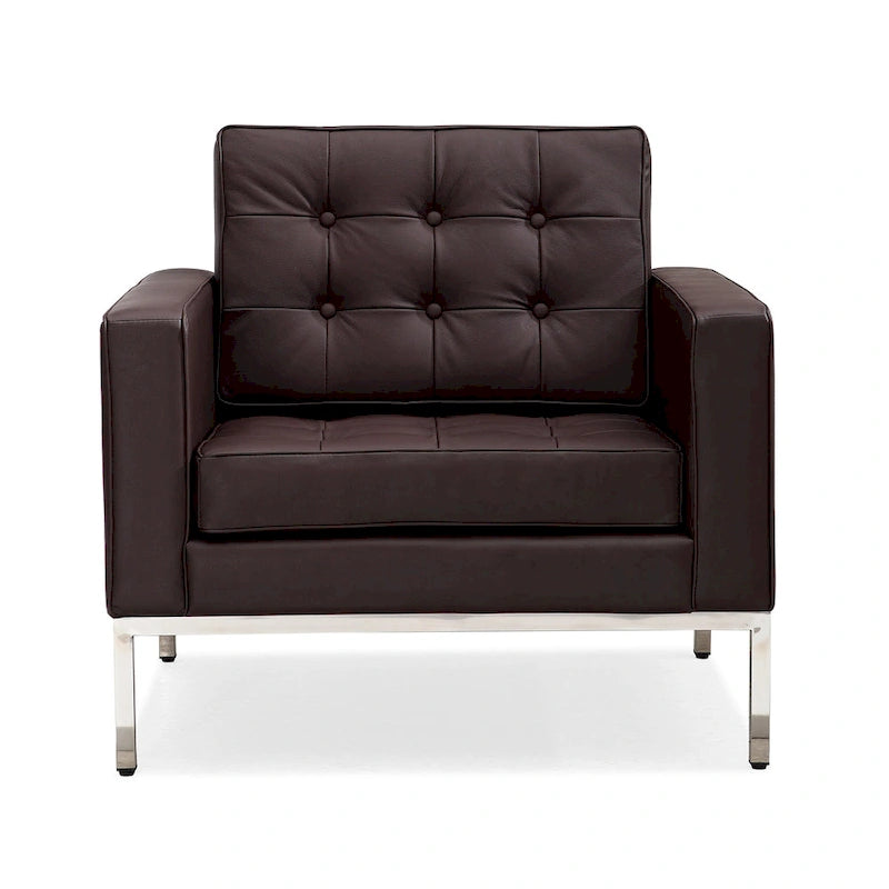Canapé trois places en cuir touffeté avec pieds en acier inoxydable Marron Noir Blanc