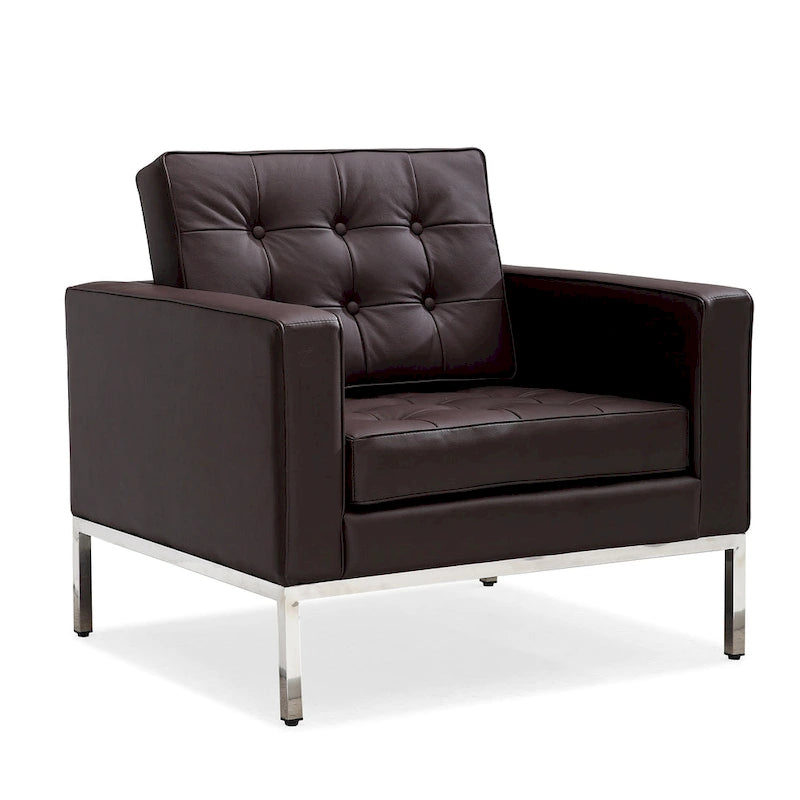 Canapé trois places en cuir touffeté avec pieds en acier inoxydable Marron Noir Blanc