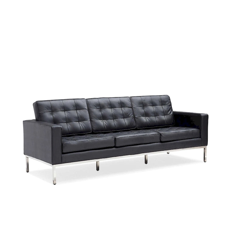 Canapé trois places en cuir touffeté avec pieds en acier inoxydable Marron Noir Blanc