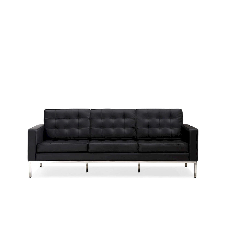 Canapé trois places en cuir touffeté avec pieds en acier inoxydable Marron Noir Blanc