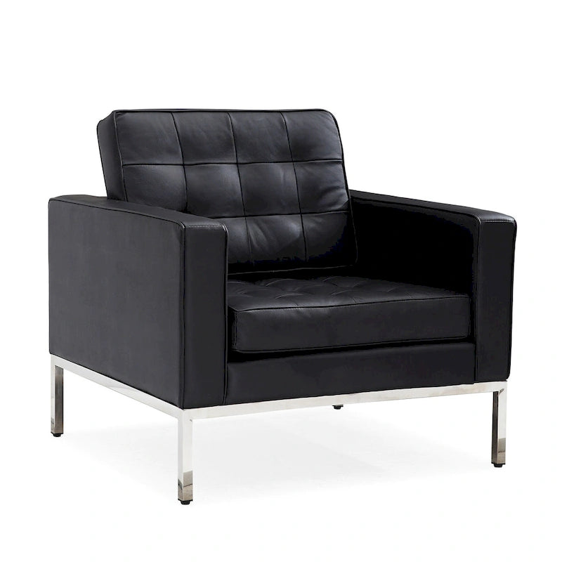 Canapé trois places en cuir touffeté avec pieds en acier inoxydable Marron Noir Blanc