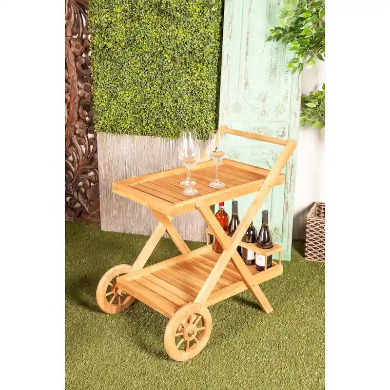 Desserte de bar roulante en teck avec roulettes, 2 étagères, marron, intérieur/extérieur