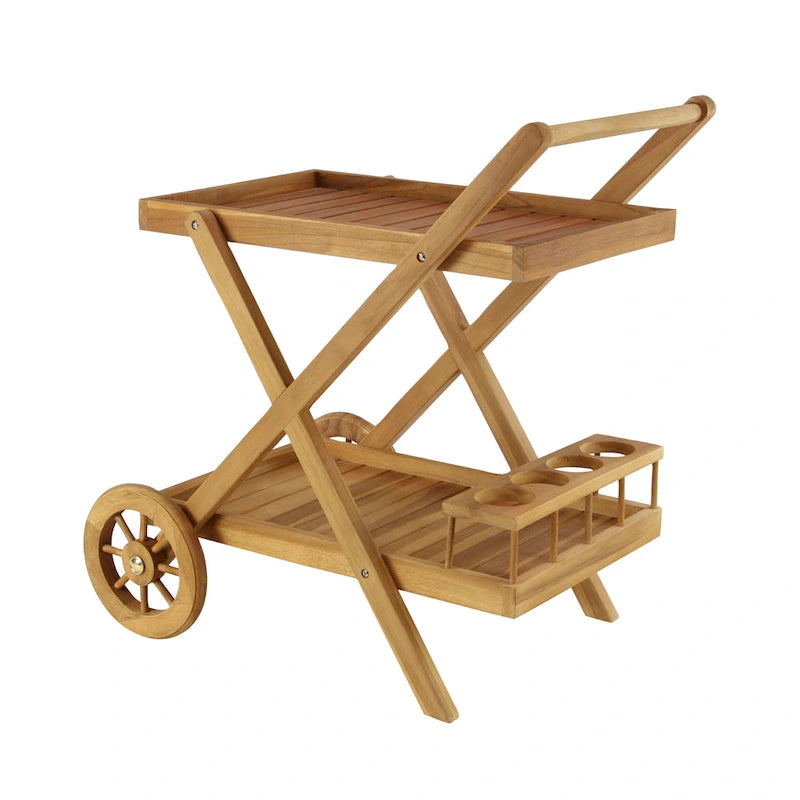 Desserte de bar roulante en teck avec roulettes, 2 étagères, marron, intérieur/extérieur