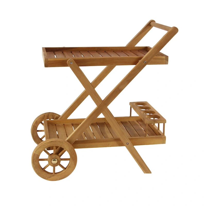Desserte de bar roulante en teck avec roulettes, 2 étagères, marron, intérieur/extérieur