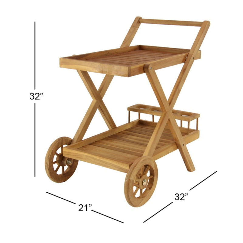 Desserte de bar roulante en teck avec roulettes, 2 étagères, marron, intérieur/extérieur