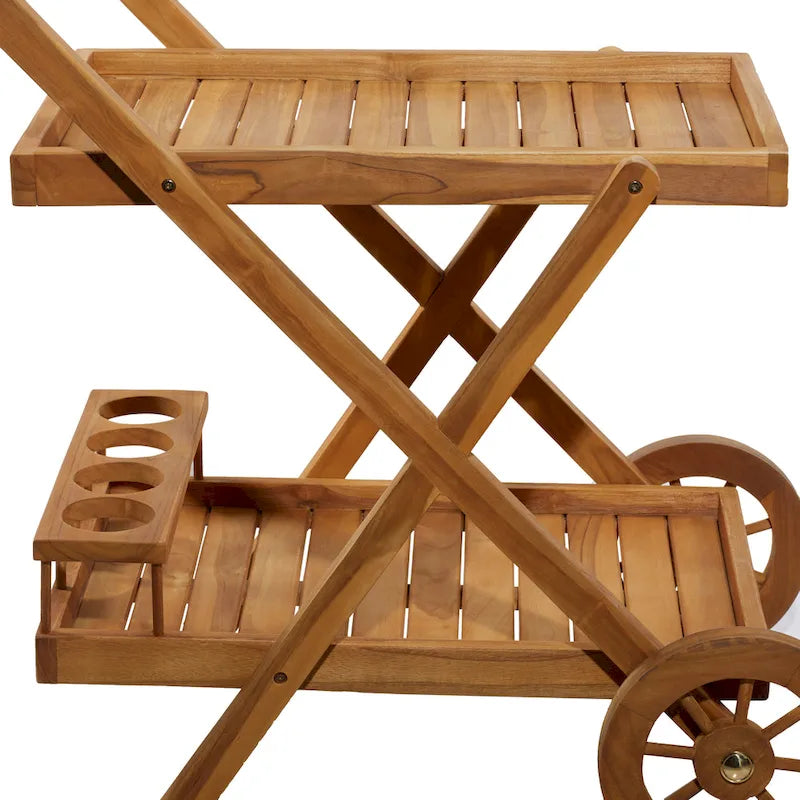 Desserte de bar roulante en teck avec roulettes, 2 étagères, marron, intérieur/extérieur