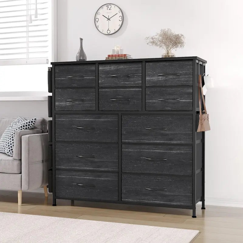 Commode haute en tissu 12 tiroirs, cadre en acier, poches latérales, organiseur de rangement rose