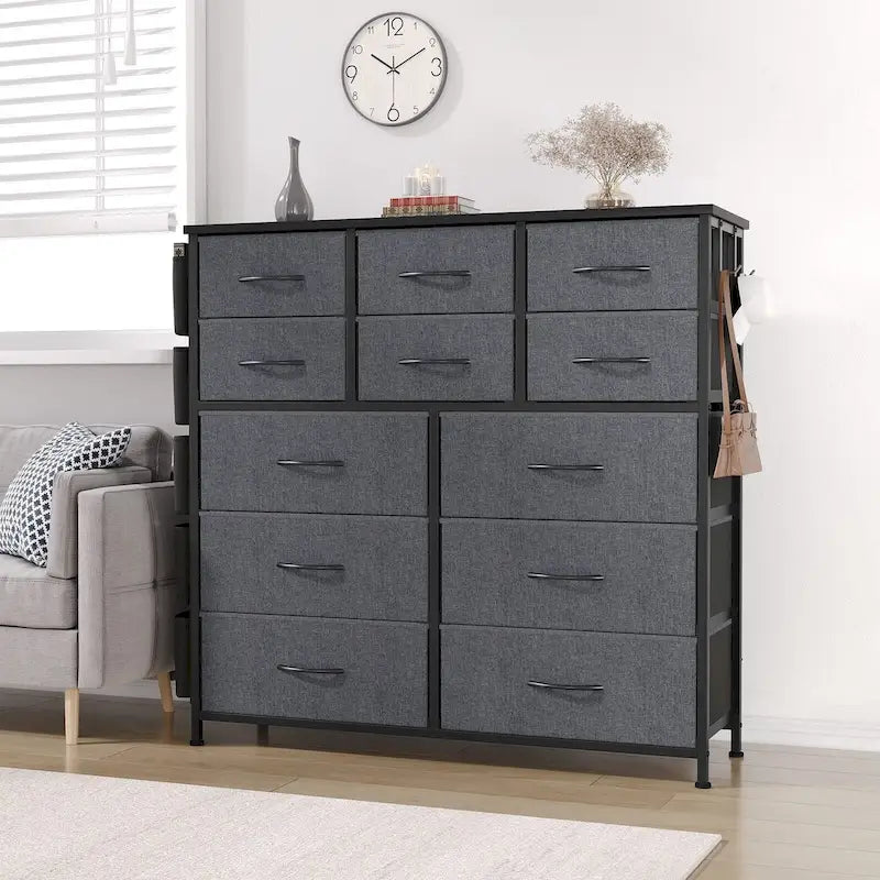 Commode haute en tissu 12 tiroirs, cadre en acier, poches latérales, organiseur de rangement rose